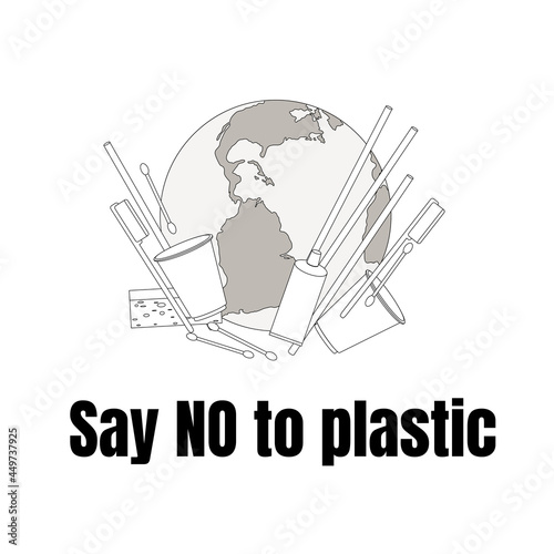 Earth in plastic garbage: cups, ear sticks,  toothbrushes and foam sponges. Call for zero waste and say no to plastic. The problem of pollution of the Earth.