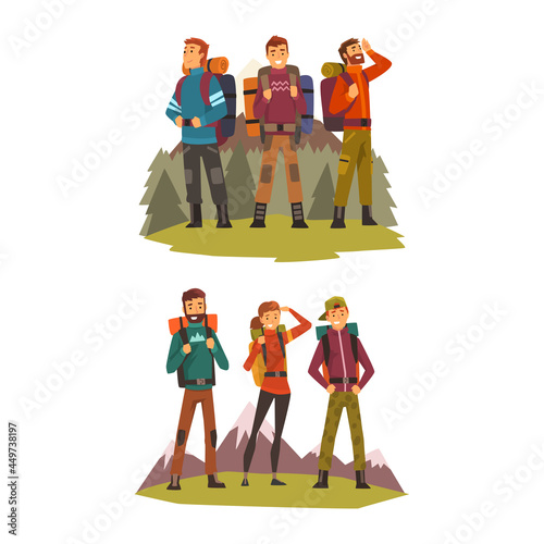 Young People Character with Backpack Hiking in the Mountains Vector Set
