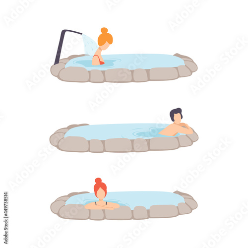 People Characters Enjoying Outdoor Thermal Spring Relaxing in Hot Water Vector Set