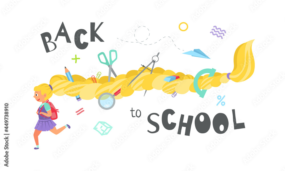Back to school. A schoolgirl runs to school, her long hair contains various school supplies. Inscription. Education concept. Vector flat illustration
