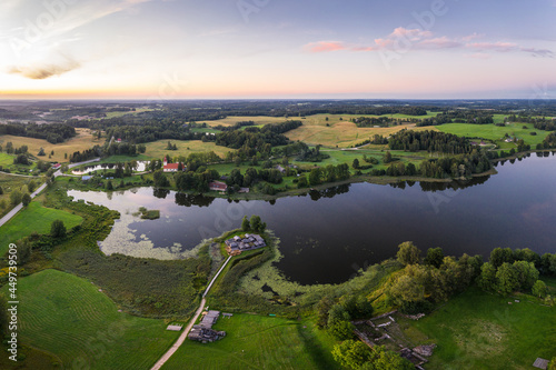 Latvia. Gauja National Park. The main object in Araishi (Araisi) Archeological Park is the reconstruction of the Viking Age ancient Latgalian fortress in the original place - on a small lake island. photo