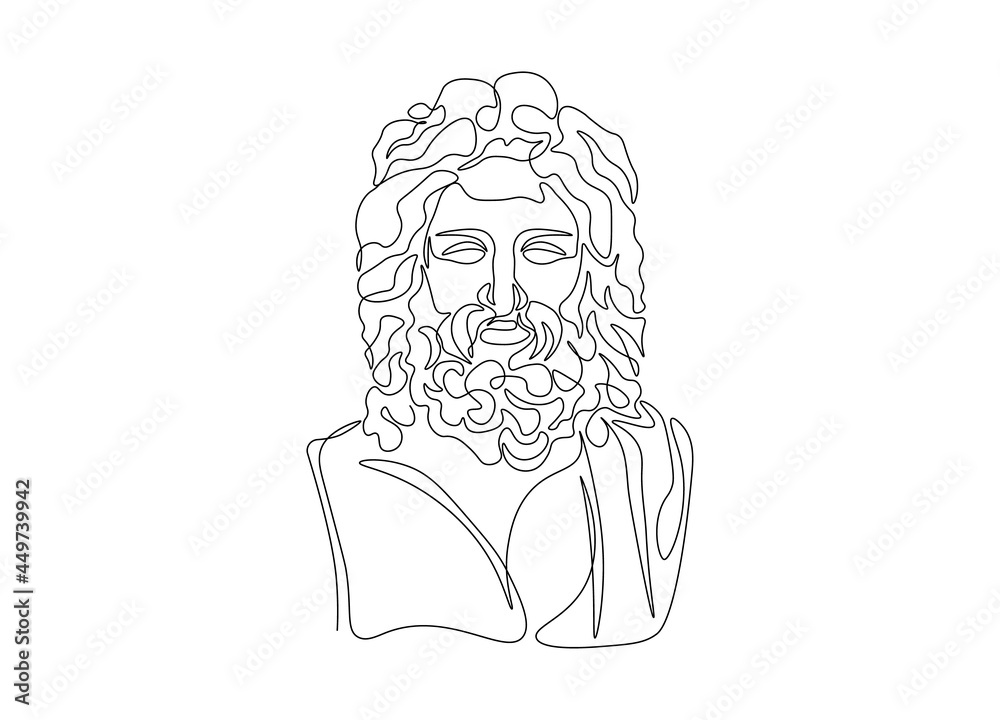 One line drawing sketch Zeus sculpture. Greece mythology statue hand