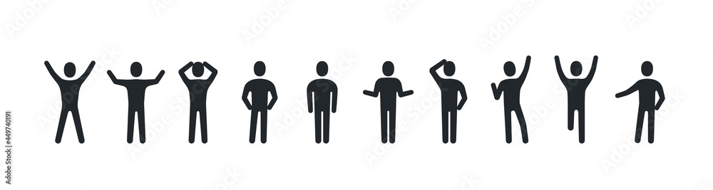 flat vector illustration isolated on white background, black color man icons set, business man silhouette in different poses flat vector illustration isolated on white background, black color man icons set, business man silhouette in different poses