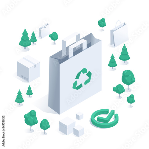 isometric vector illustration isolated on white background, paper bags and boxes next to growing trees, environmentally friendly packaging, recyclable symbols