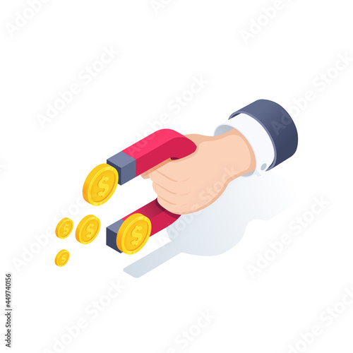 isometric vector illustration on a white background, the hand of a man in a business suit with a magnet and gold coins, attracting and increasing finance