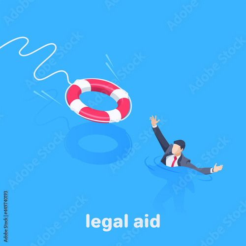 isometric vector illustration on blue background, drowning man in business suit and lifebuoy flying towards him, legal or financial aid