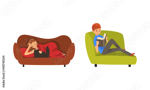 Man in Armchair Reading Book and Woman Lying on Sofa Stroking Cat Pet Staying Home Vector Set