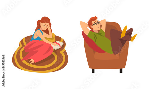 Man Lounging in Armchair Daydreaming and Woman Reading Book Staying Home Vector Set
