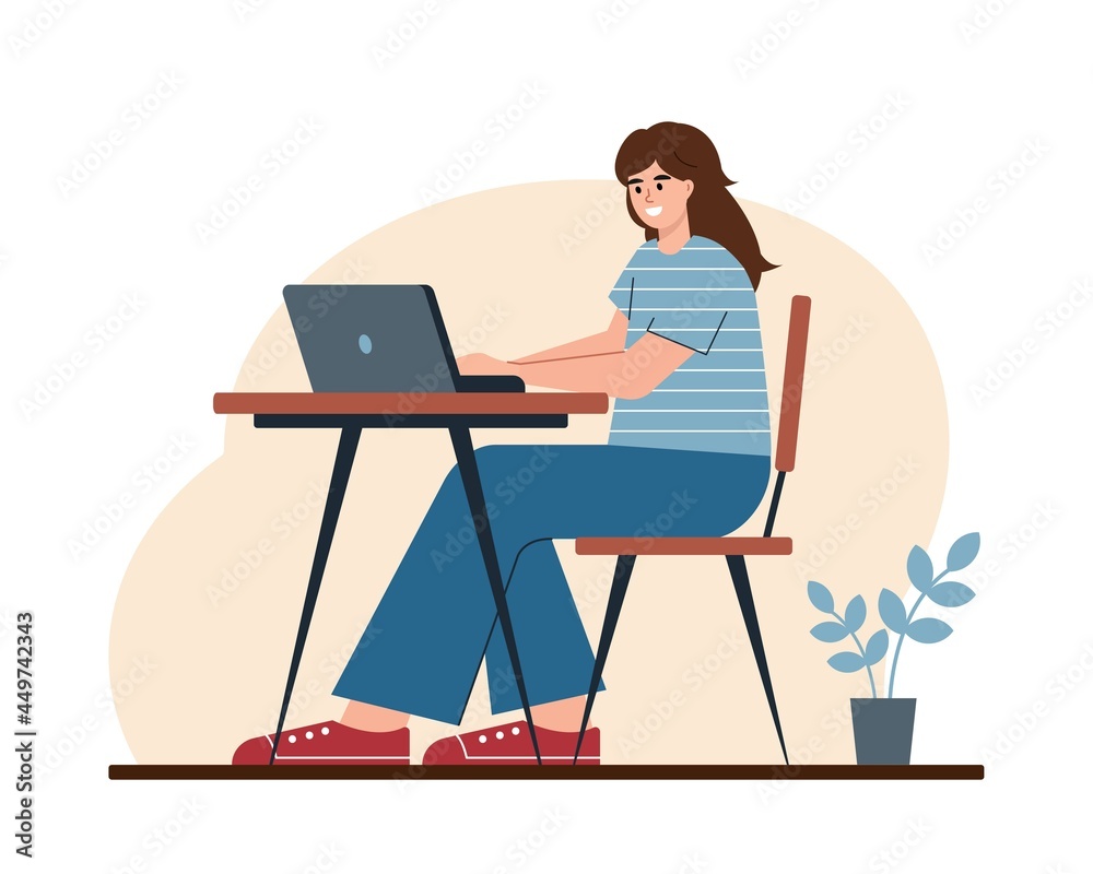 Woman working from home, student or freelancer.