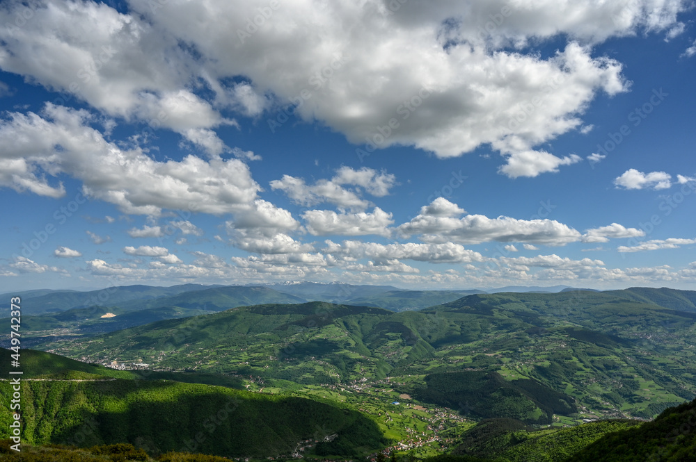 Aerial drone view of mountains and lowlands. Panoramic view from mountain.