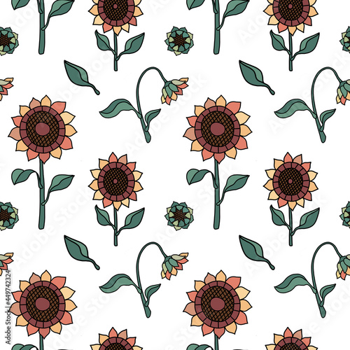 Seamless pattern with sunflowers, seeds and leaves isolated on white background.