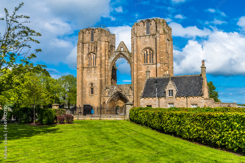 A view of the front section of the ruins of Elgin Cathedral, Scotland on a summers day