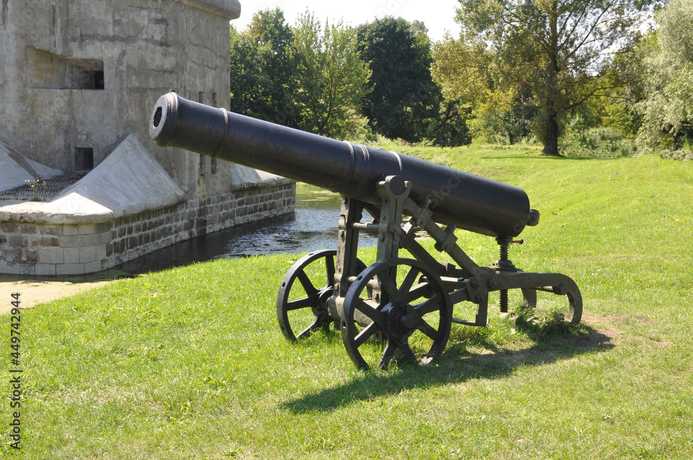 A cast-iron fortress cannon of the 19th century of the Russian Empire from the bastions of the Brest Fortress in the city of Brest