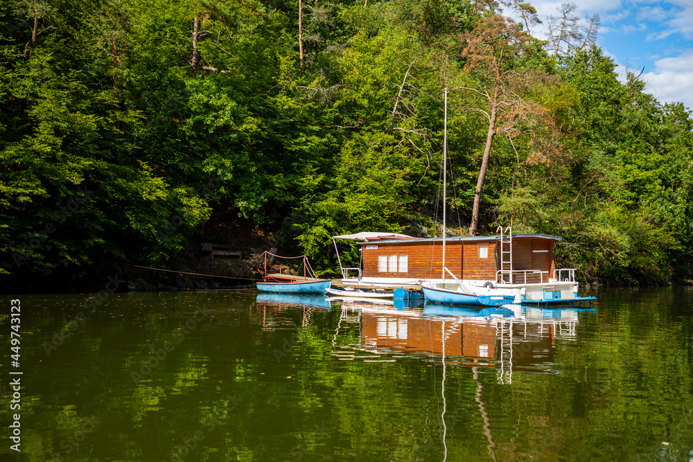 Obraz premium Small Houseboat on Lake Slapy, Bohemia, Czech Republic, Europe
