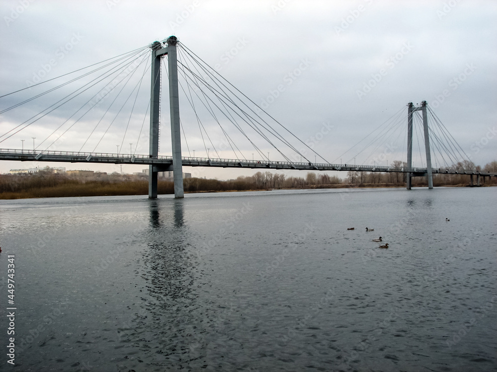 Bridge over the Yenisei River in city of Krasnoyarsk. Communal bridge