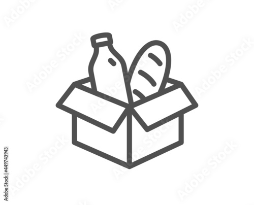 Food donation line icon. Charity box sign. Charitable organization symbol. Quality design element. Linear style food donation icon. Editable stroke. Vector