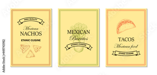 Set of hand drawn Mexican food designs isolated on white background. Vector illustration in sketch style