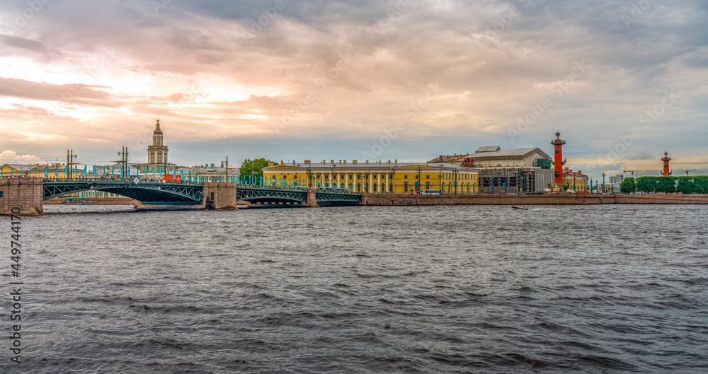 Panorama of St. Petersburg, view from the Neva River to Vasilievsky Island during sunset