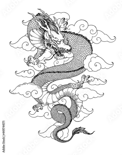 Chinese red dragon with clouds hand drawn vector illustration. Tattoo print. Hand drawn sketch illustration for t-shirt print, fabric and other uses.