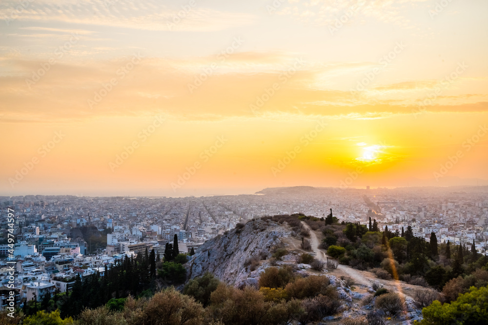 Panorama of Athens cityscape at sunset, Greece