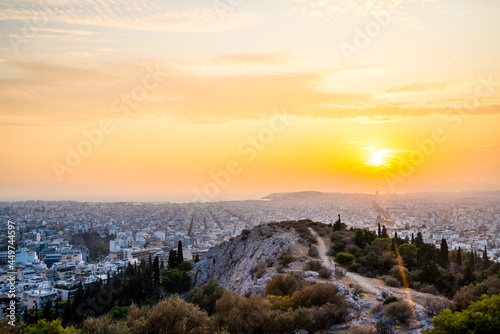 Panorama of Athens cityscape at sunset, Greece
