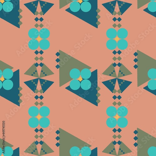 Seamless geometry floral pattern. Simple background blue, dark blue and khaki elements. Coral color background. Designed for textile fabrics, wrapping paper, background, wallpaper, cover.