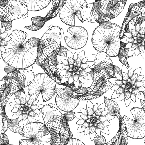 Koi carps swim in water with lotus flower. Seamless pattern. Vector illustration. Tattoo print. Hand drawn illustration for t-shirt print, fabric and other uses.