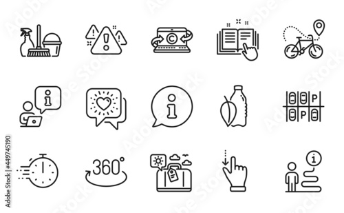 Business icons set. Included icon as Warning, Friends chat, Household service signs. Bike delivery, Parking place, Technical documentation symbols. Full rotation, Cooking timer line icons. Vector