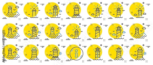 Lighthouse line icons. Searchlight tower with seagull for marine navigation of ships. Sea pharos, lighthouse or beacon icons. Ocean waves, nautical building, marine house. Info center bubble. Vector