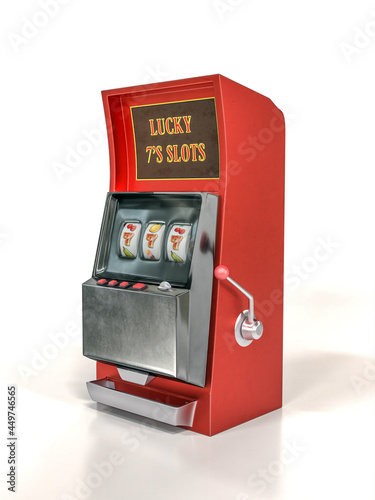 Red slot machine with lucky 777 numbers on white