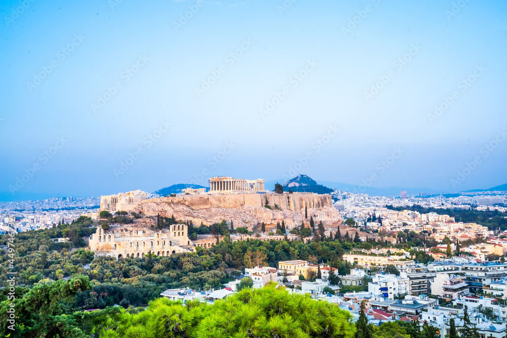 Acropolis from the Filopappos hill in Athens, Greece