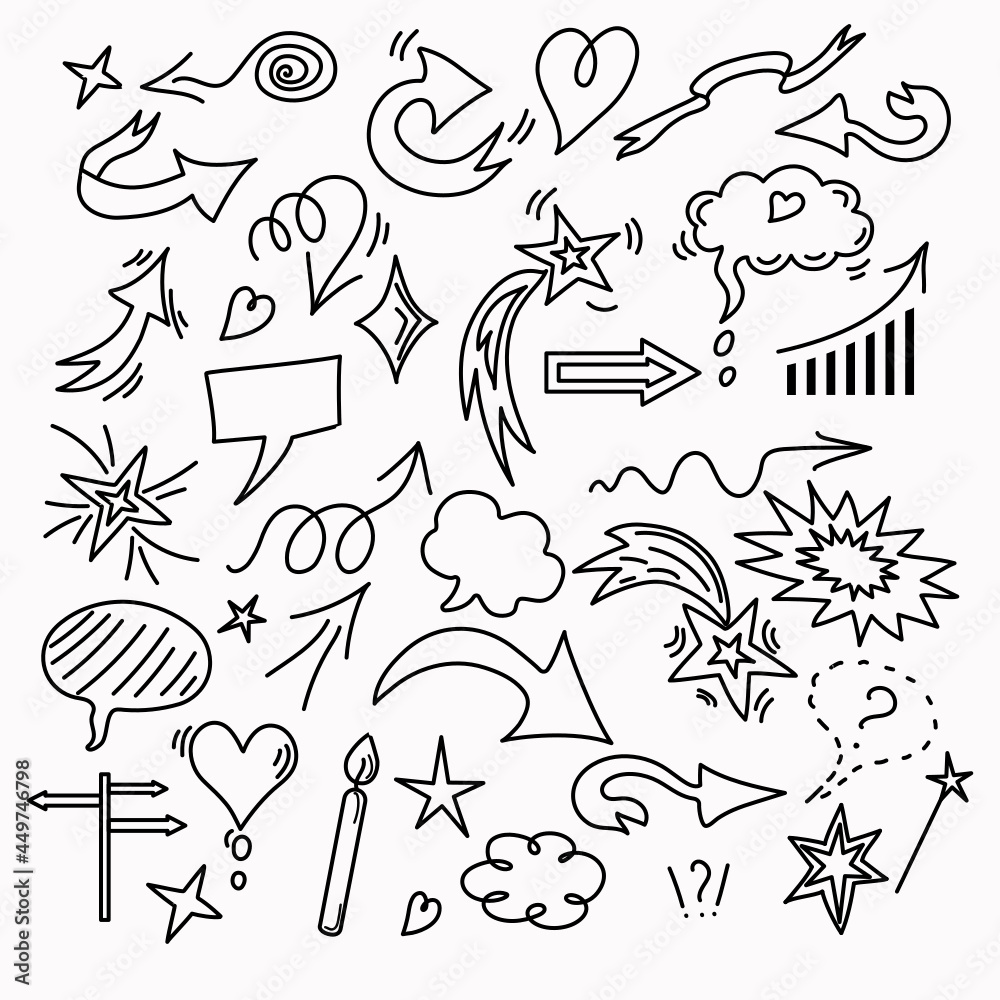 Fototapeta premium Vector doodle elements set, black on a white background. Arrows, heart, love, star, items for conceptual design.