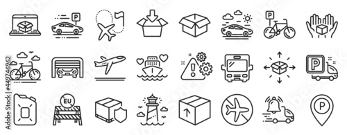 Set of Transportation icons, such as Bus, Departure plane, Delivery notification icons. Opened box, Truck parking, Parking garage signs. Canister oil, Package, Destination flag. Get box. Vector