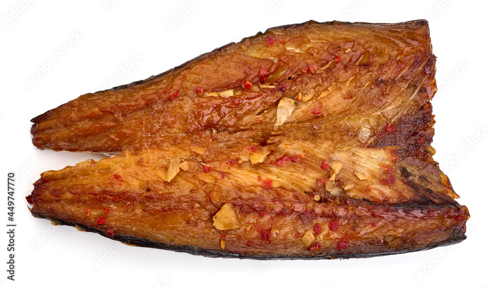 Smoked marinated mackerel fillets with spices, isolated on white background. High resolution image.
