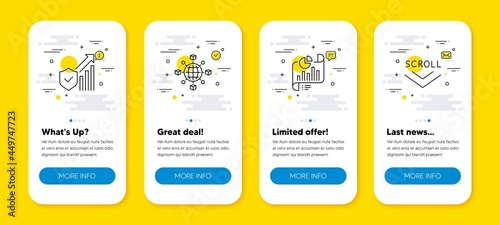 Vector set of Security statistics, Report document and Logistics network line icons set. UI phone app screens with line icons. Scroll down icon. Vector