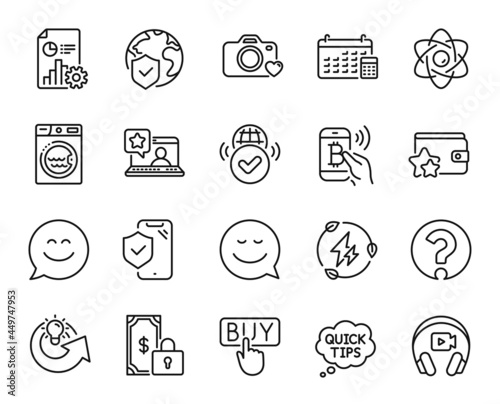 Vector set of Online rating, Green electricity and Bitcoin pay line icons set. Verified internet, Report and Buying icons. Private payment, Smile and Quick tips signs. Online rating web symbol. Vector