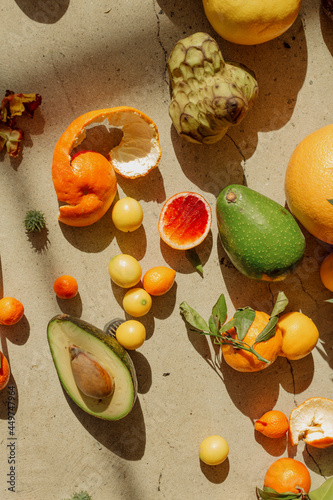 Still life of tropical fruits native to West Africa, the Caribbean and Latin America