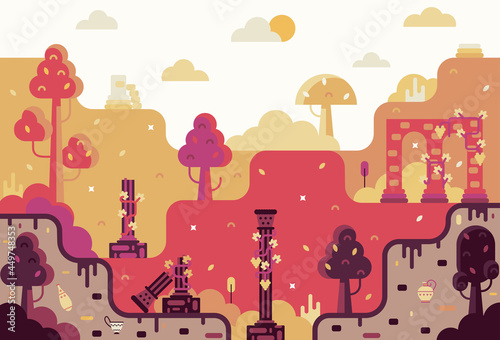 Vector cartoon illustration, destroyed columns walls and columns of an ancient city, the remains of a Greek or Roman civilization. 