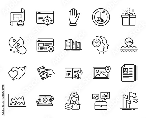 Vector set of Business portfolio, Engineering documentation and Photo location line icons set. Discount button, Cv documents and Pay money icons. Flags, Engineering plan and Reject web signs. Vector