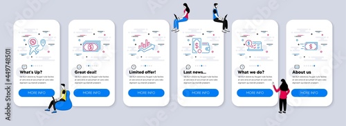 Finance icons set. UI phone app screens with teamwork. Included icon as Growth chart, Payment, Flight sale signs. Wallet money, Online accounting, Money transfer line icons. Vector