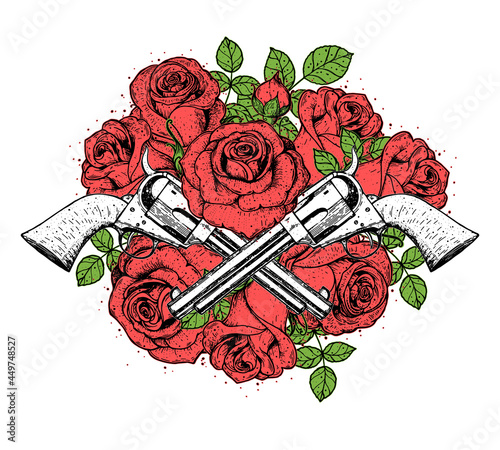 Guns and roses hand drawn illustration. Tattoo vintage print. Pistols and roses hand drawn print. Tattoo design.