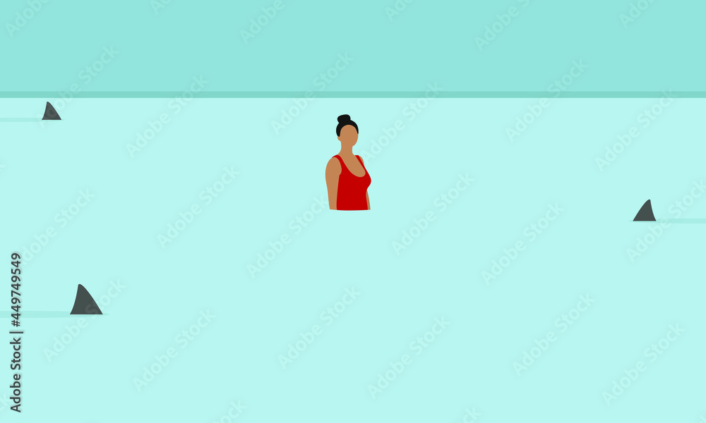 Obraz premium Female character in a red swimsuit in the water surrounded by sharks
