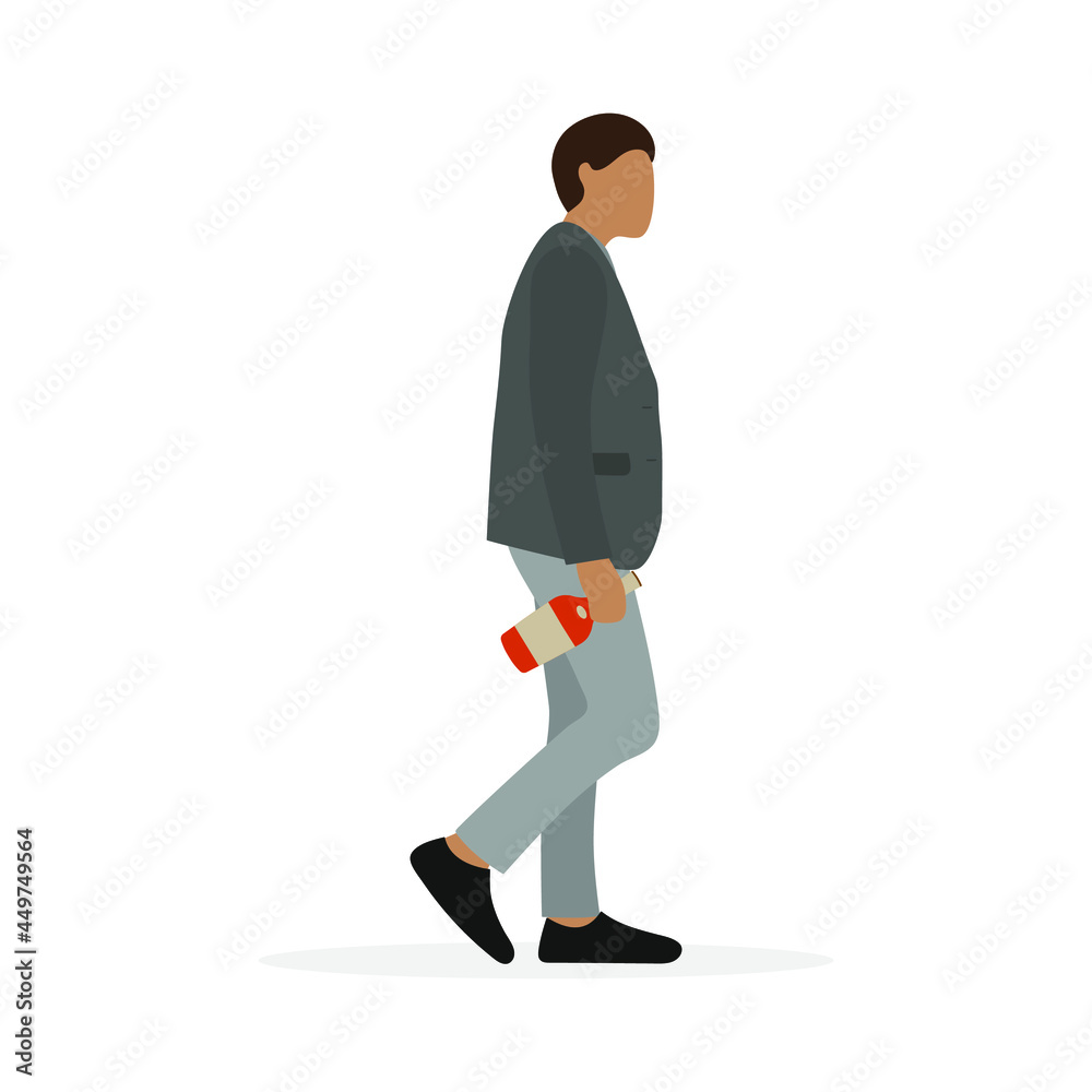 Male character with bottle of alcohol in hand on white background Male character with bottle of alcohol in hand on white background