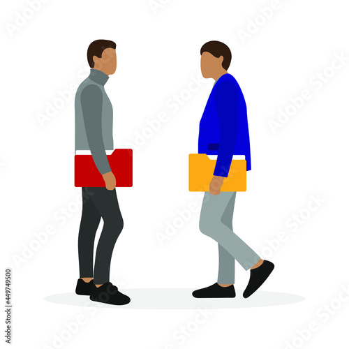 Two male characters with folders for documents in hands stand together on a white background
