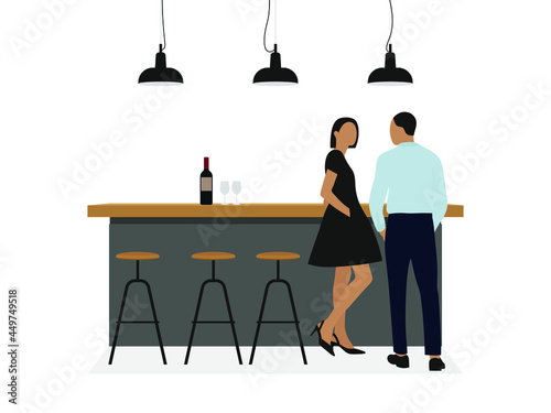 Male character and female character in a bar with a bottle of wine
