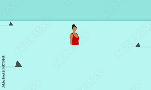 Female character in a red swimsuit in the water surrounded by sharks