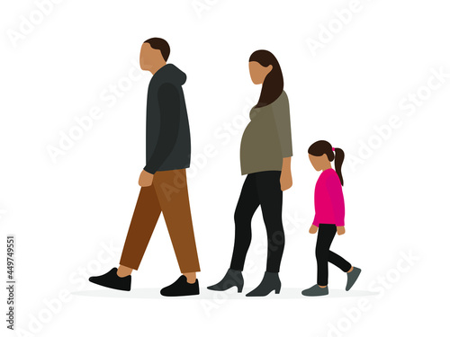 Male character, pregnant female character and little girl walking one after another on a white background