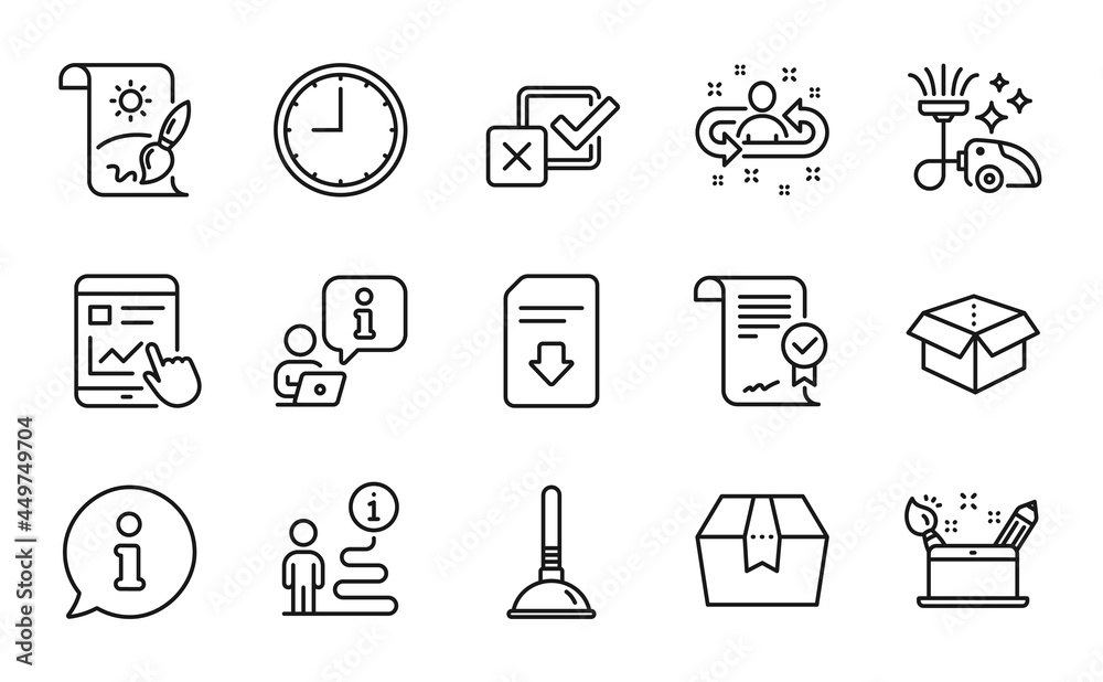 Line icons set. Included icon as Internet report, Vacuum cleaner, Time signs. Approved agreement, Checkbox, Package box symbols. Plunger, Recruitment, Download file. Open box line icons. Vector