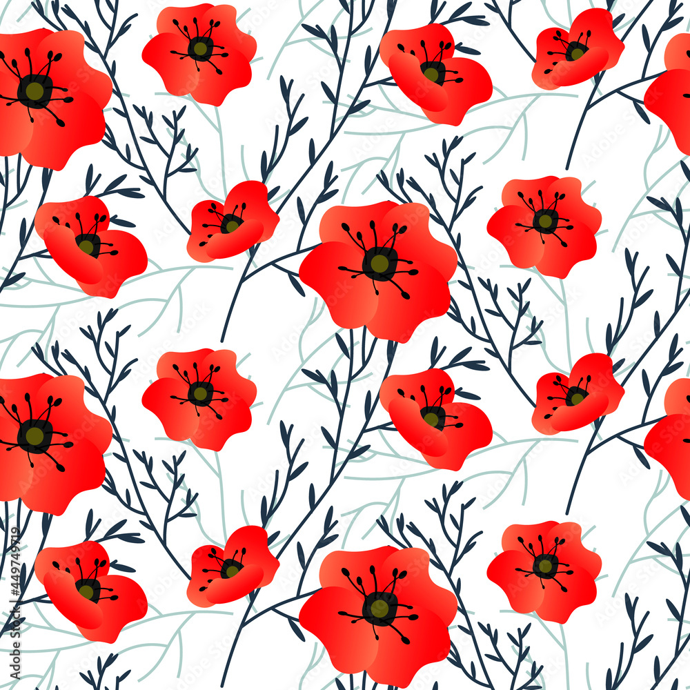 Pattern with red poppies. Vector illustration isolated on white background. For use in prints, packaging, advertisements, covers and brochures, and flower shops.