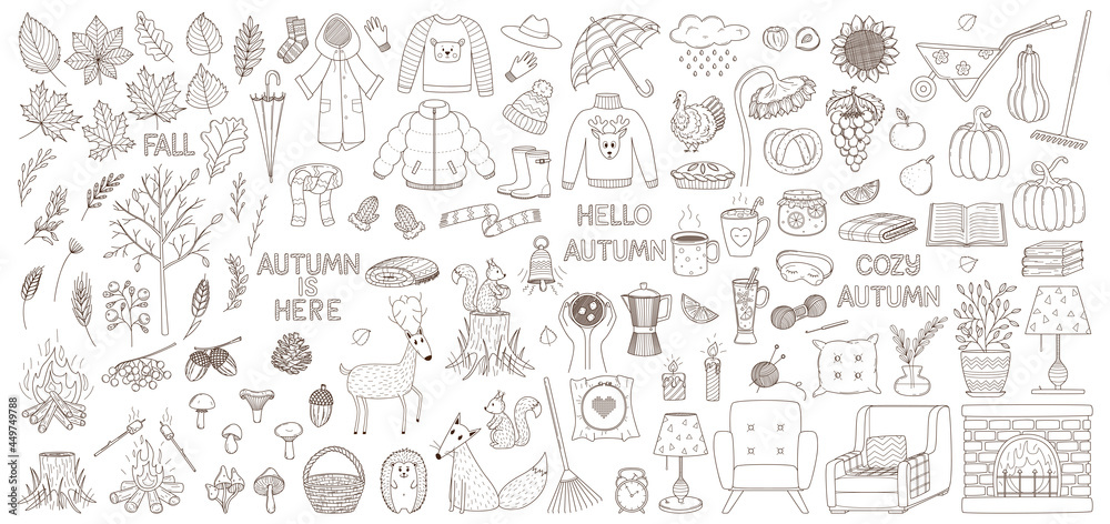 A set of decorative elements. Autumn, cozy home, hugge. Clothing, crops, animals, interior, cozy. Design collection of outline doodles. Black and white vector illustration. Isolated on white.